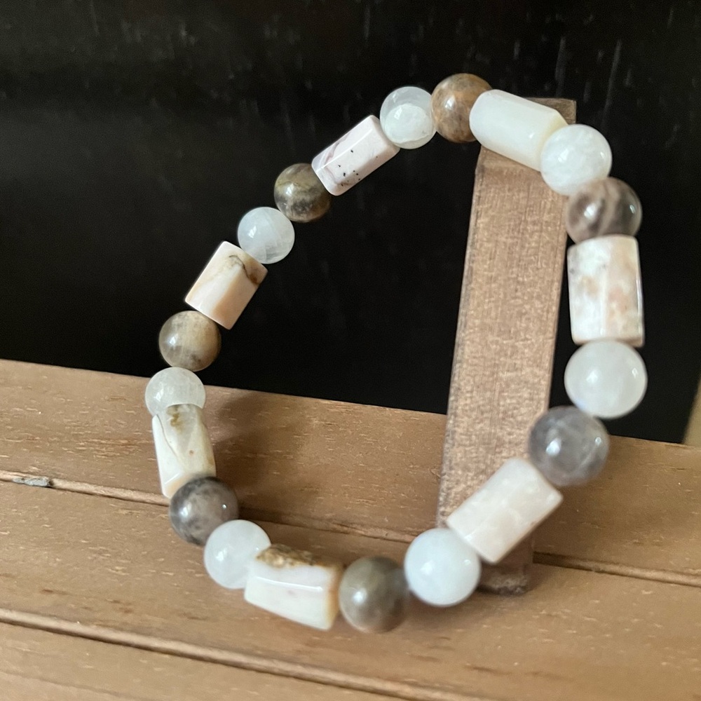 Pink Opal With Moonstone Natural Stone Crystal Stretch Beaded Bracelet